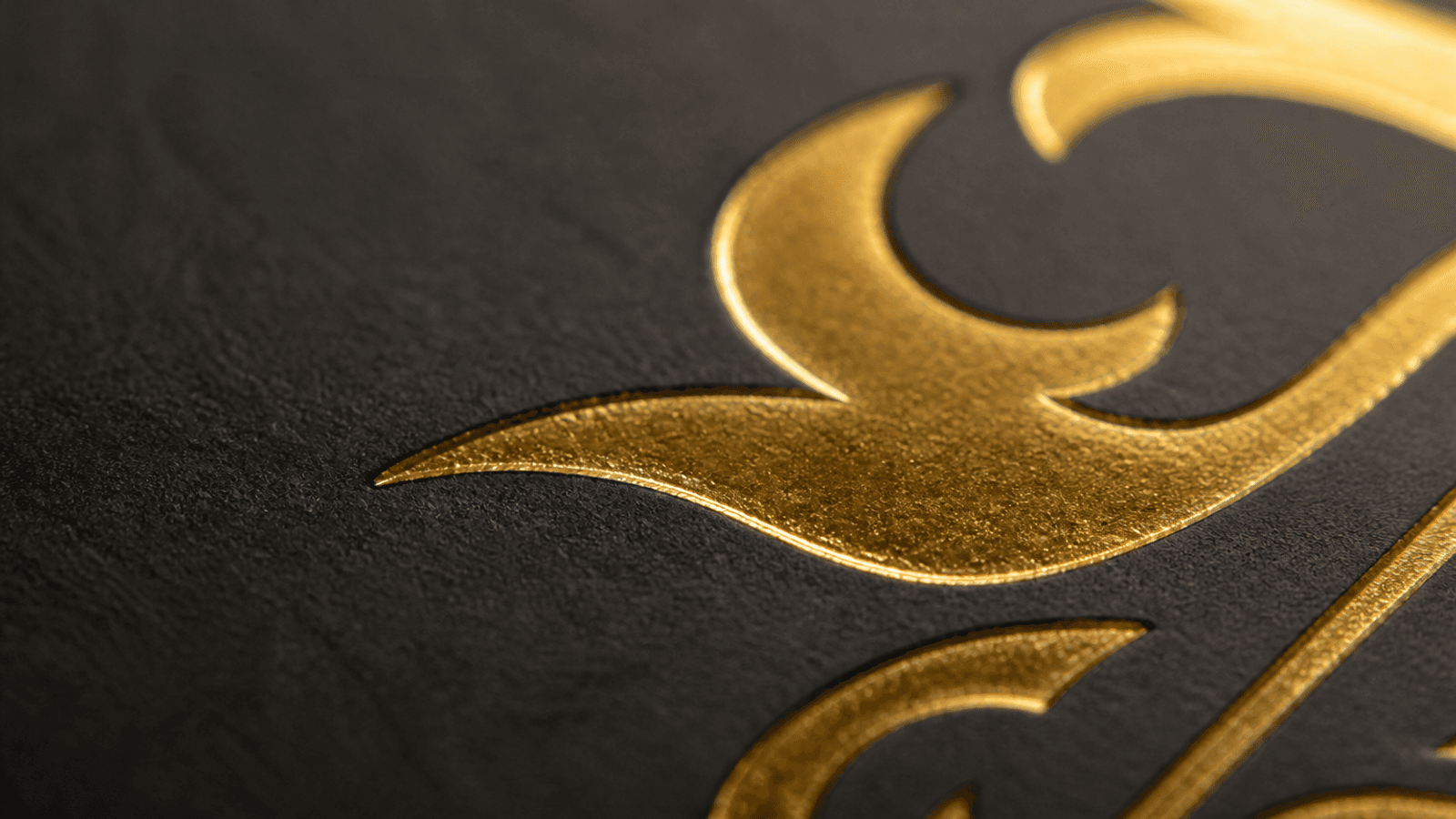 Extreme macro photograph of hot-foil-stamped detail on a matte-black laminated paperboard surface, gold foil mark catching light at an angle showing slightly raised registration and crisp edge against the matte substrate