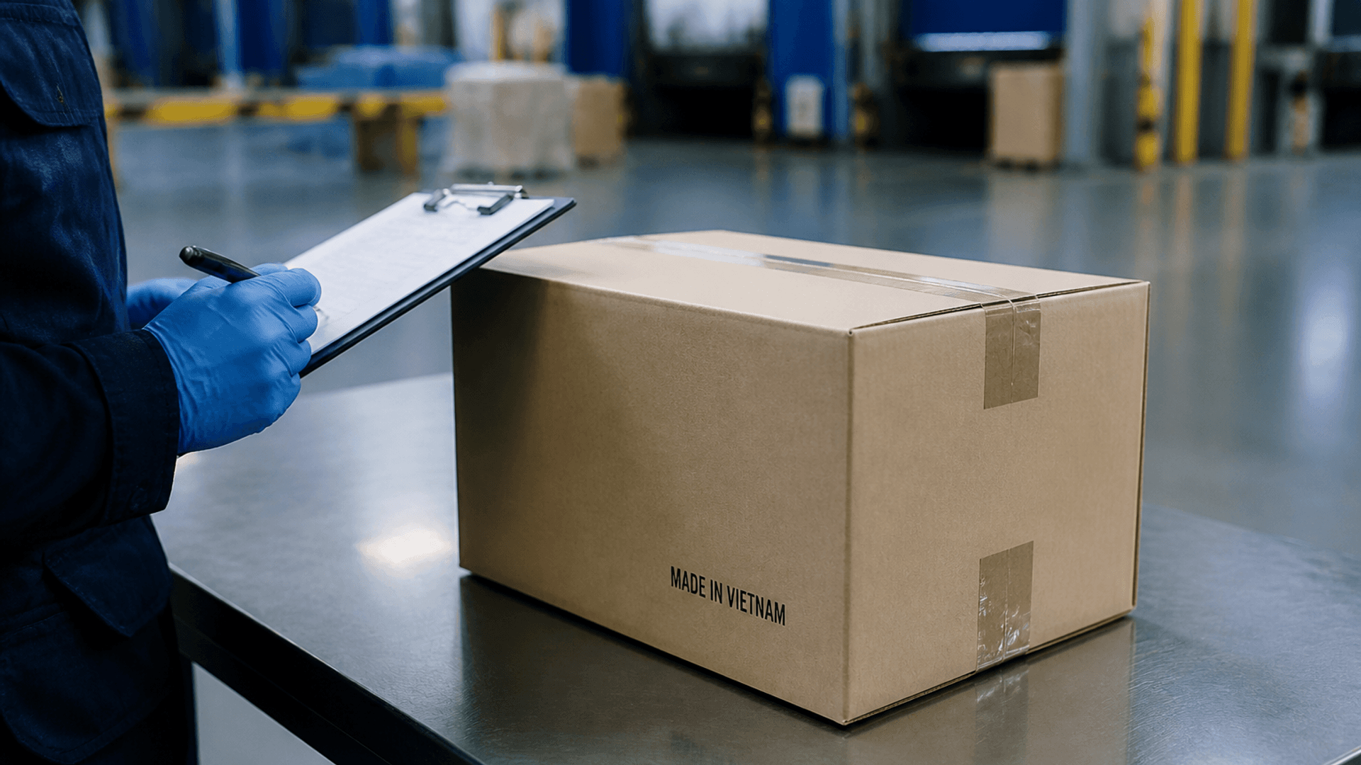 Thùng carton gấp do Việt Nam vận chuyển đang được kiểm tra tại kho hải quan/hậu cần châu Âu với sàn bê tông sạch, biển báo công nghiệp màu xanh và vàng bị mất nét, tay đeo găng tay cầm khay nhớ tạm gần đó
