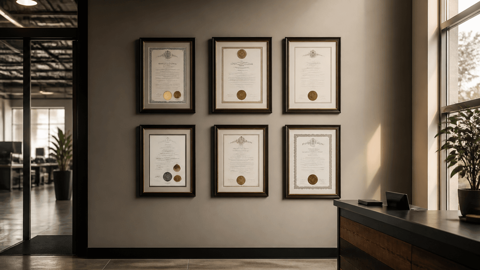 Photograph of a factory office reception wall with four to six framed certifications hung in a tidy grid showing formal certificate layouts and embossed seals, warm office light from a window with polished concrete floor visible