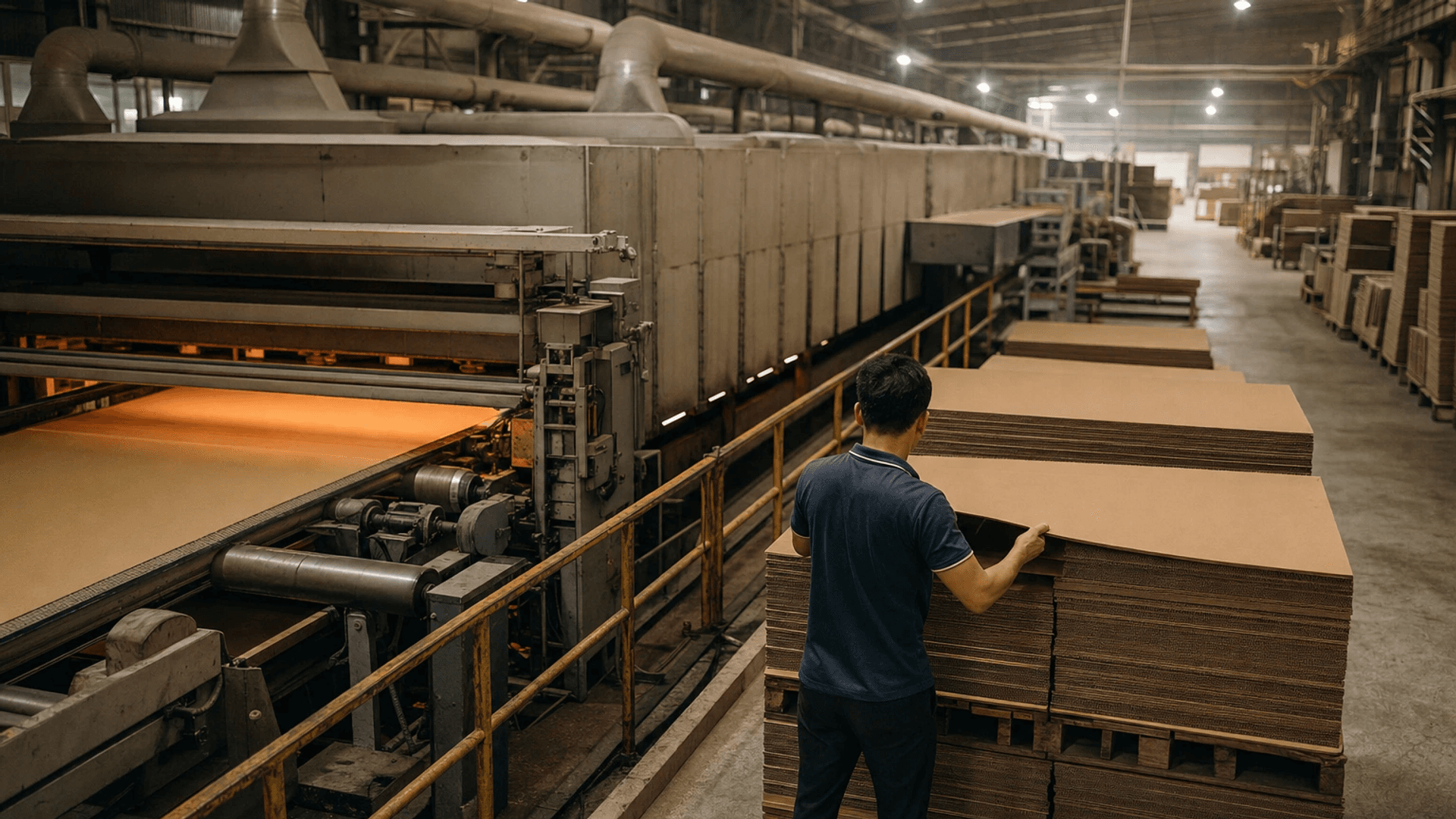 Wide interior view of a corrugated packaging plant in Hai Duong, Vietnam, with a corrugator line running board through the heated section and stacked bundles of B-flute sheets waiting at the dry end