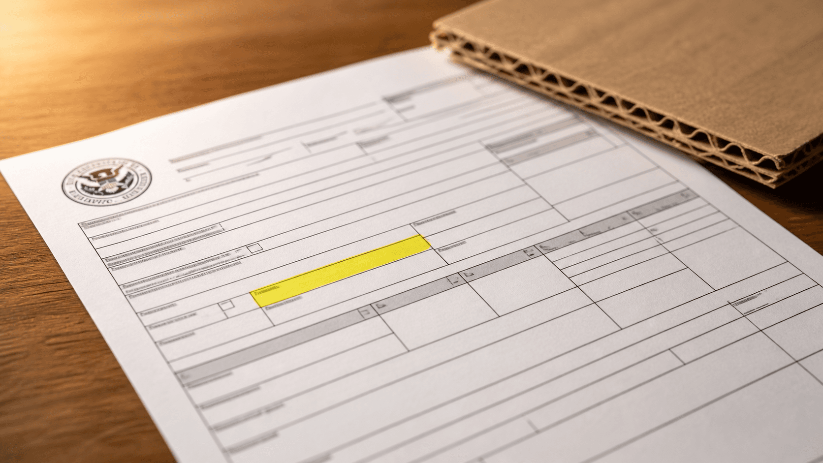 US Customs entry summary form on a wooden desk with the HTS classification field highlighted in yellow, a corrugated cardboard sample in the upper-right corner