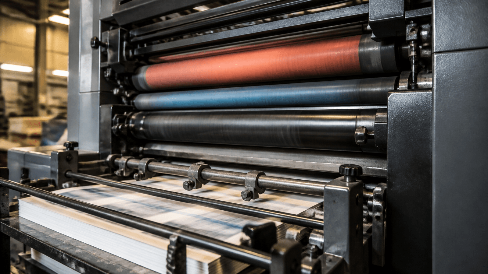 Photograph of a Heidelberg or Komori sheet-fed offset press in mid-run with paperboard sheets visible mid-feed and ink rollers spinning with motion blur, factory floor with warm overhead industrial lighting