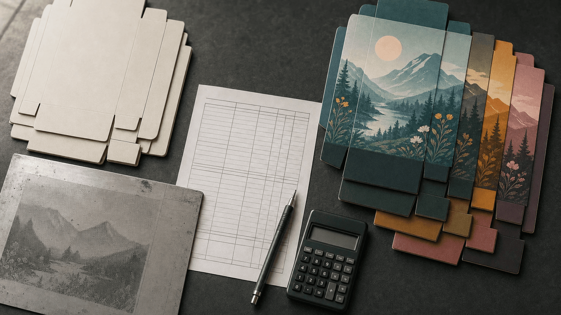 Overhead view of a procurement desk with a printed cost worksheet, a stack of unprinted folding carton blanks, an offset printing plate and a short stack of digitally printed sample cartons arranged side by side