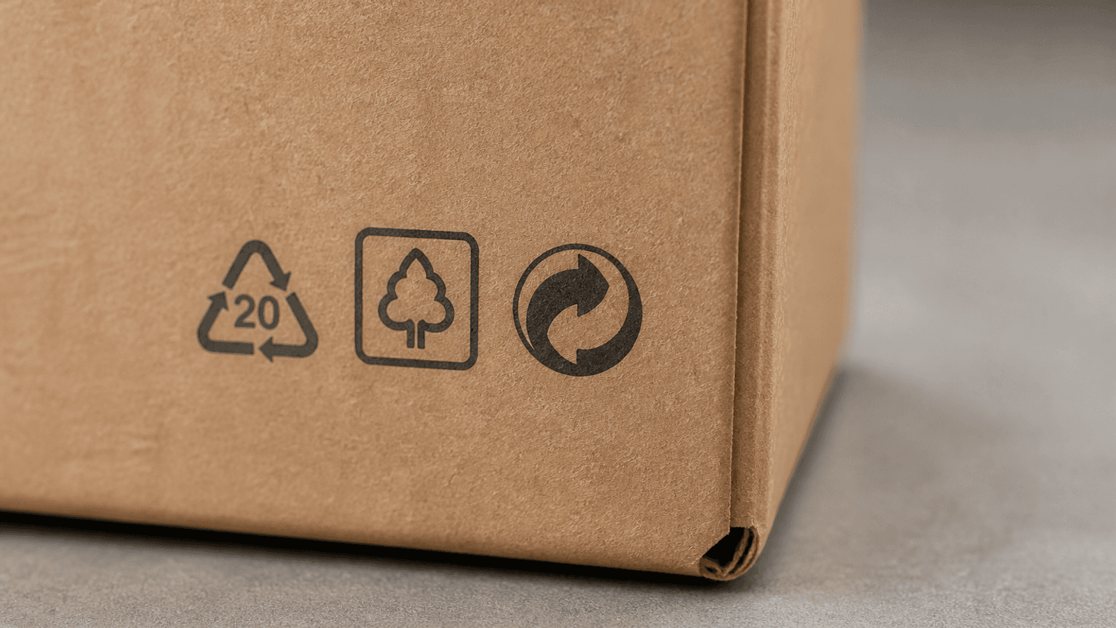 Ảnh macro của một góc thùng carton gấp hiển thị các biểu tượng đánh dấu vật liệu và tái chế tiêu chuẩn bao gồm tam giác mã nhựa, khu vực đánh dấu FSC và biểu tượng khả năng tái chế của EU, được in màu xám đậm trên bìa kraft tự nhiên với tiêu điểm sắc nét vào các dấu
