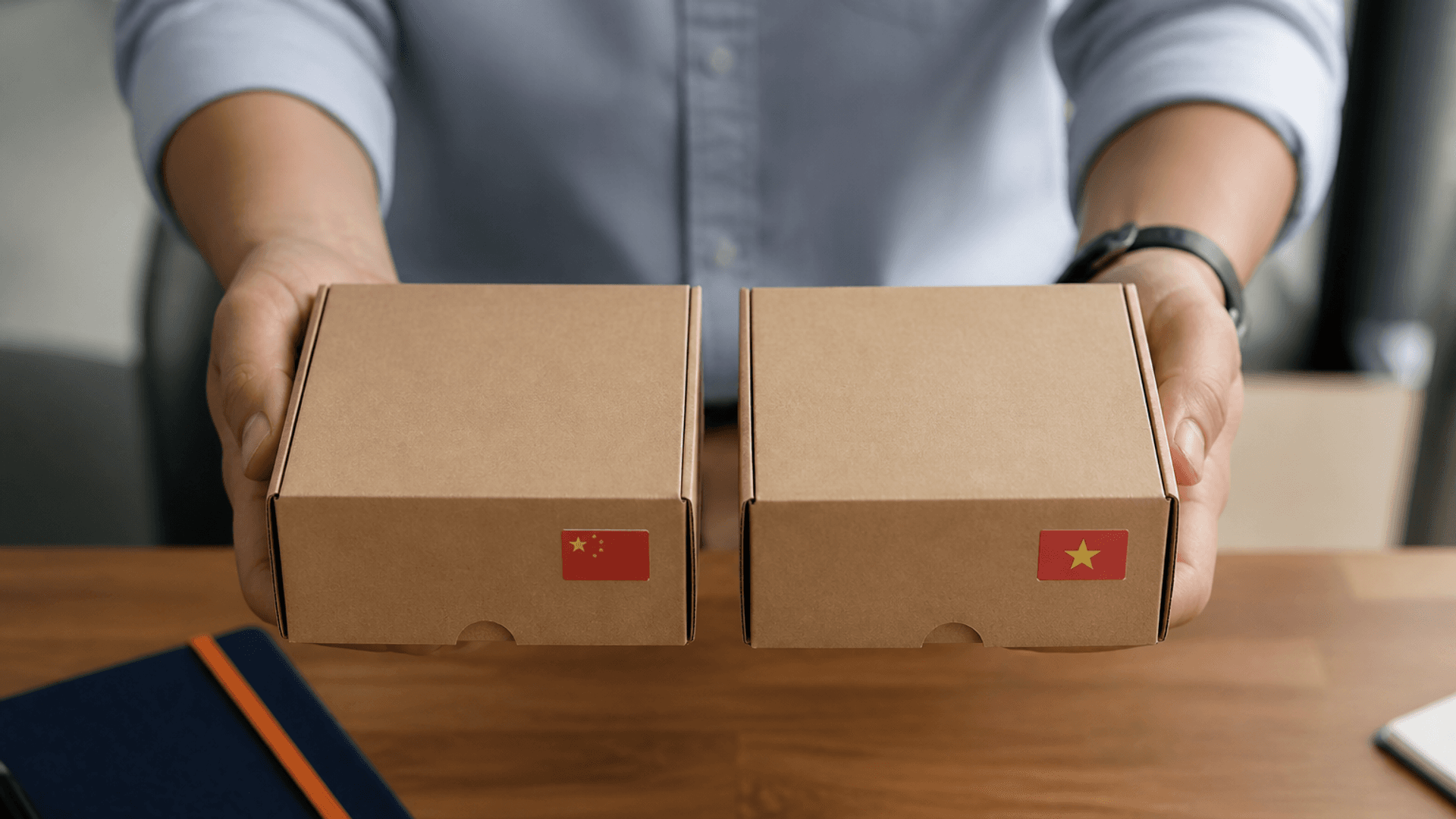 一位采购专业人员的手并排放着两个相同的瓦楞样品盒,一个贴有中国国旗原产地标签,另一个贴有越南国旗原产地贴纸