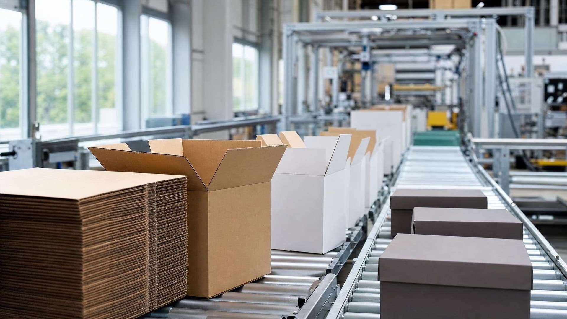 Wide view of a packaging factory floor with printed carton sheets stacked on pallets beside an offset press and a folder-gluer line, with workers inspecting finished boxes under bright overhead lighting