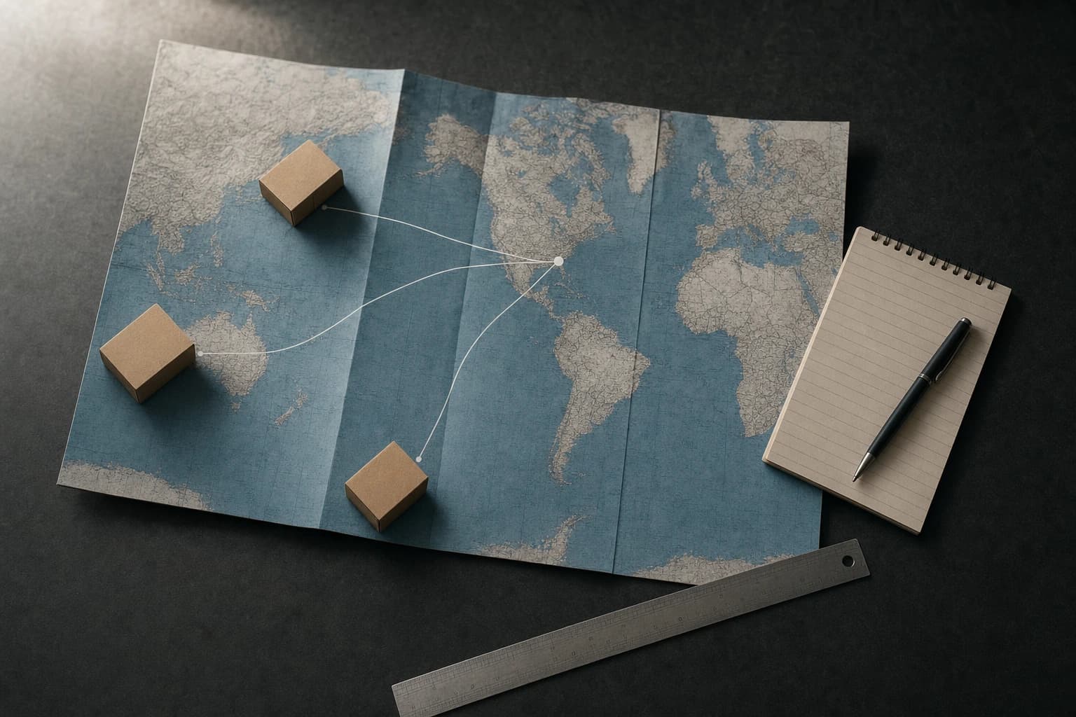 Overhead flat-lay of a folded world map on a dark desk, with three small kraft cartons placed at separate origin points and thin white shipping lanes converging on a single marker in North America, beside a notepad, pen and steel ruler