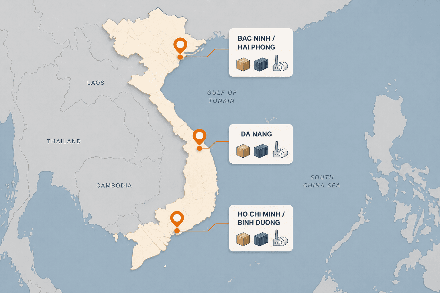 Map of Vietnam showing the three main packaging-industry hubs: Bac Ninh / Hai Phong in the north, Da Nang in central Vietnam, and Ho Chi Minh / Binh Duong in the south, each marked with cardboard, container, and factory icons
