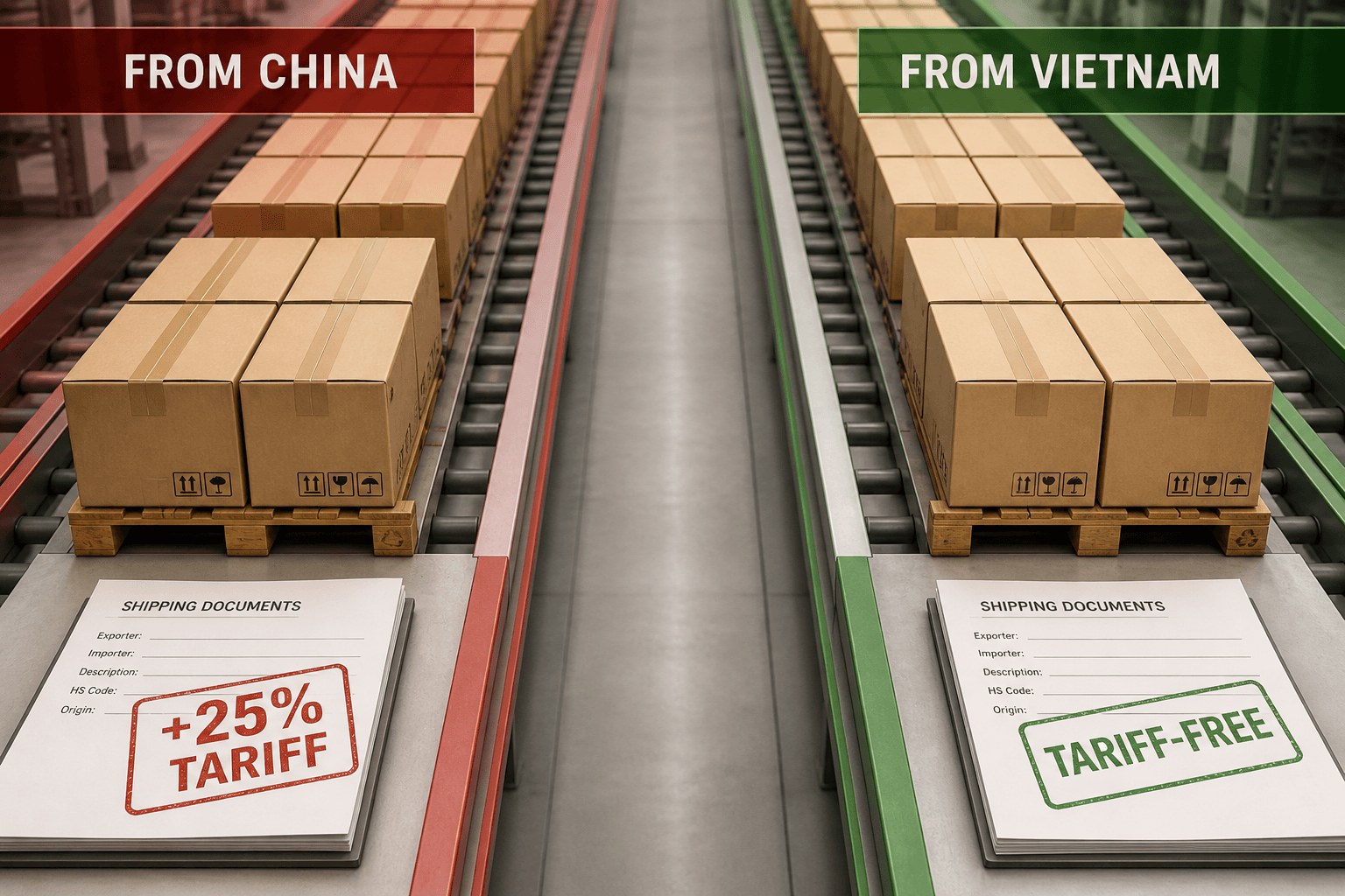 Two parallel cardboard packaging production lines side by side: the left labeled FROM CHINA with a +25% TARIFF stamp on the shipping documents, the right labeled FROM VIETNAM with a TARIFF-FREE stamp