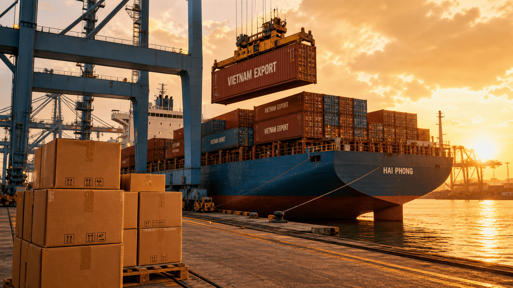 Container ship loaded with packaging cargo departing a Vietnamese port at golden hour, with cranes and stacked shipping containers in the background
