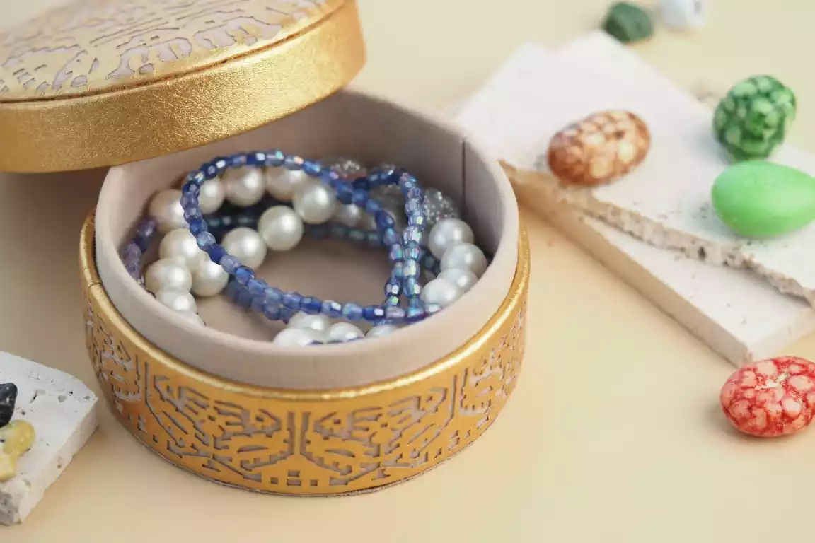 Colorful jewelry in decorative box